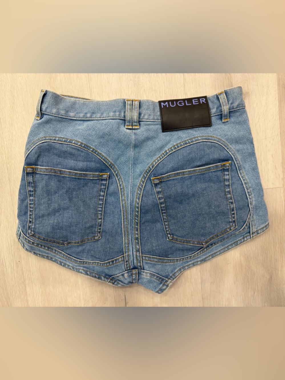 Mugler Two-Tone Blue Curved Panel Denim Shorts